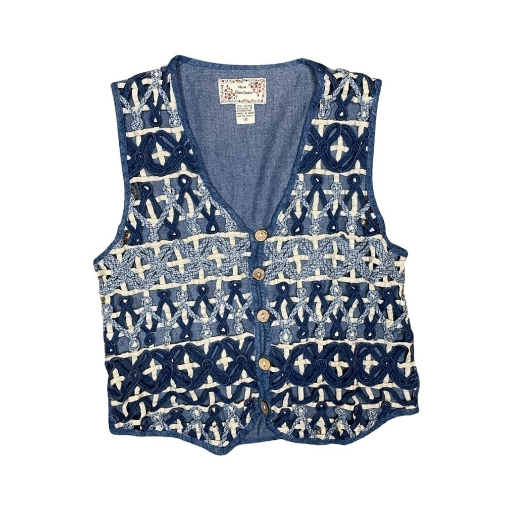 Vintage New Directions Denim Crochet Lace Vest Medium Boho Western Cottagecore